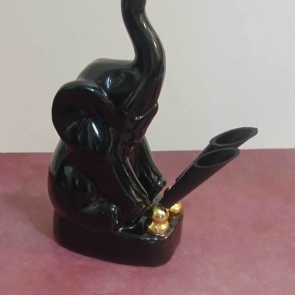 Mid-Century Ceramic Elephant Figurine Pen Holder Black Trunk Up Desk Office